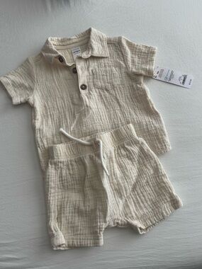 Carter's Cream Cotton Gauze Polo & Shorts Set